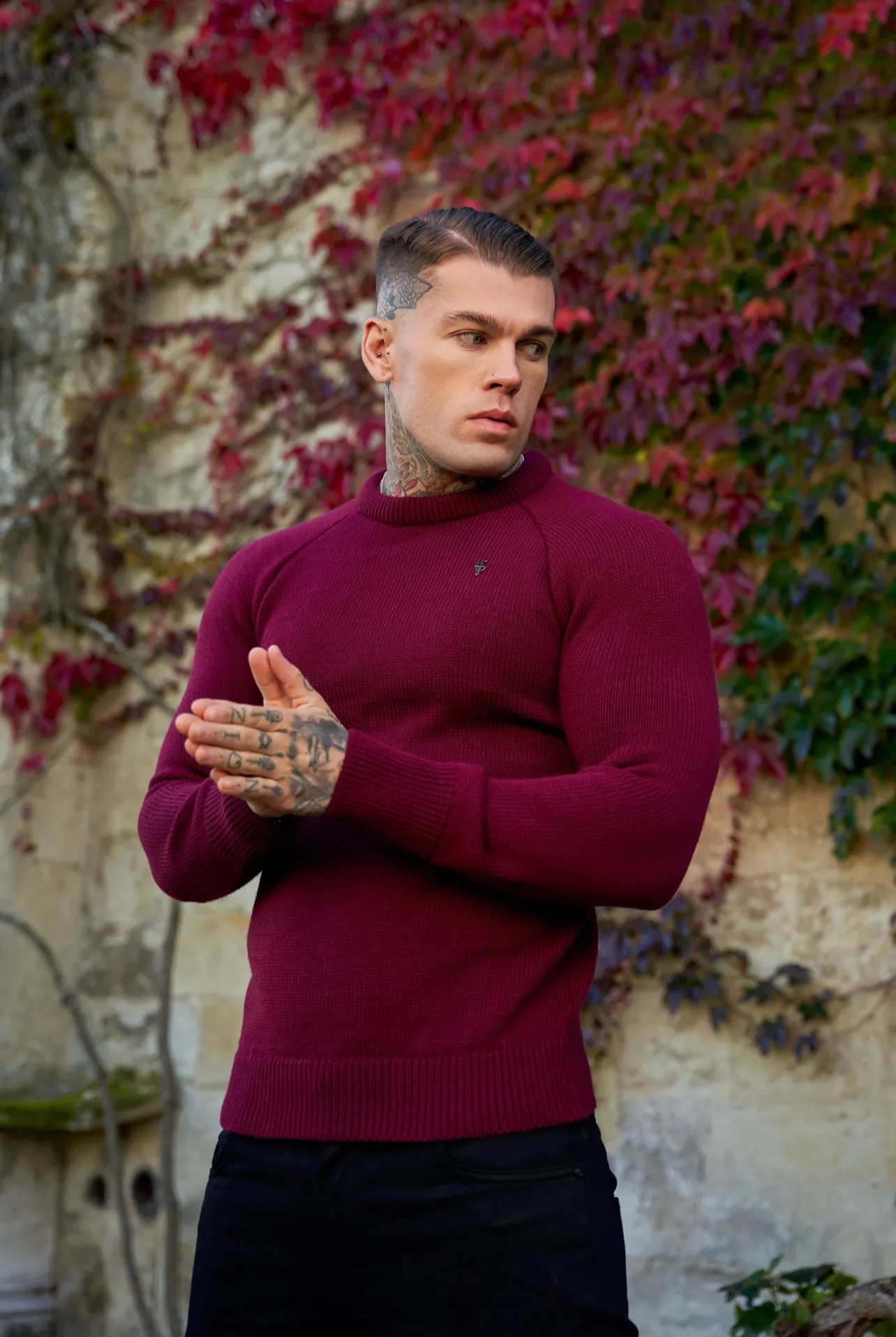 Father Sons Burgundy Knitted Raglan Crew Super Slim Sweater With Metal Decal - FSJ055 sold by Father Sons