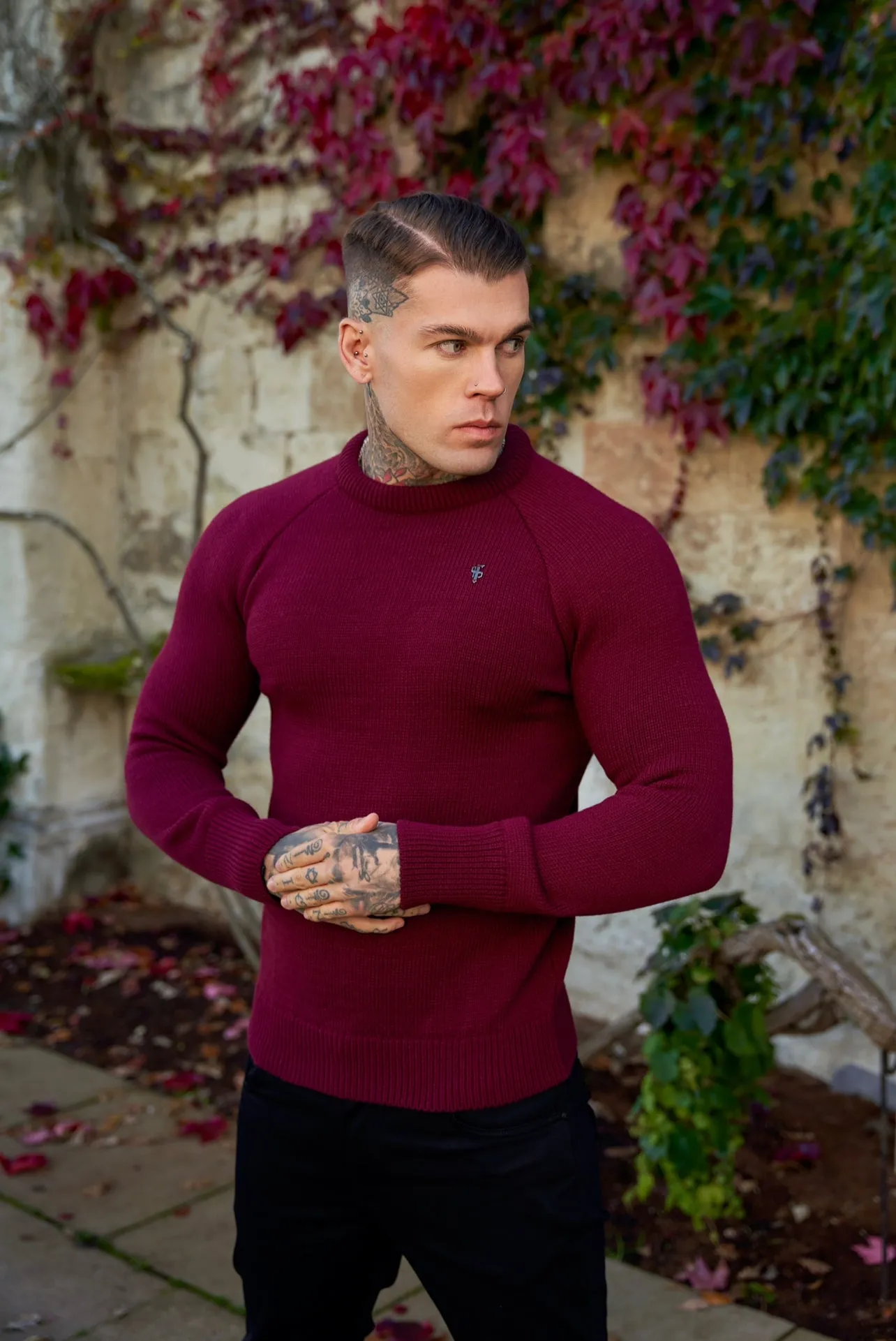 Father Sons Burgundy Knitted Raglan Crew Super Slim Sweater With Metal Decal - FSJ055 sold by Father Sons product image thumbnail 2