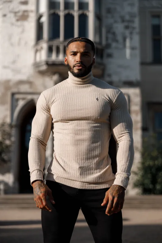 Father Sons Classic Beige / Black Ribbed Knit Roll Neck Sweater - FSH779 sold by Father Sons