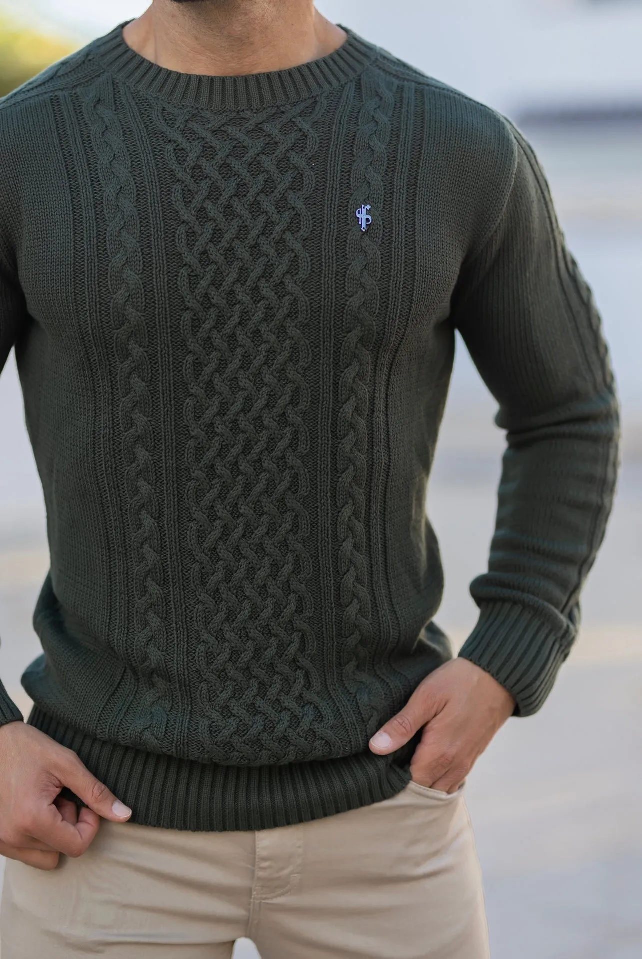 Father Sons Khaki Knitted Cable Saddle Crew Super Slim Sweater With Metal Decal - FSN078 sold by Father Sons product image thumbnail 4