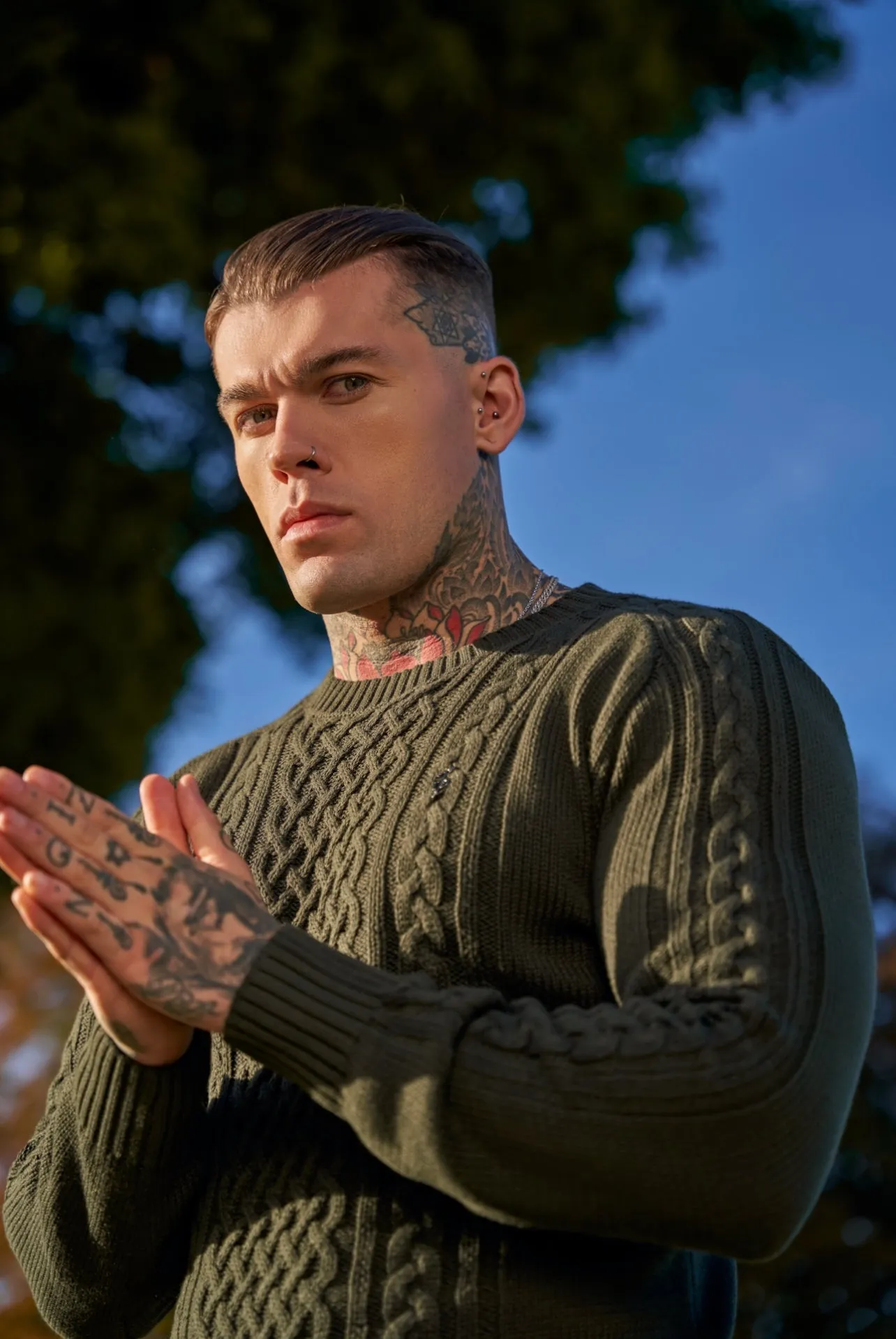 Father Sons Khaki Knitted Cable Saddle Crew Super Slim Sweater With Metal Decal - FSN078 sold by Father Sons product image thumbnail 5