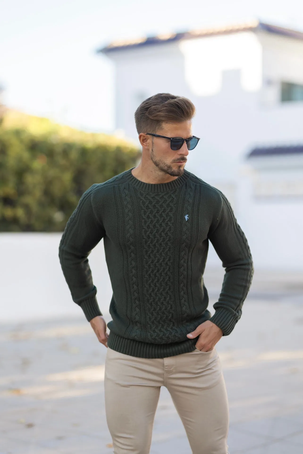 Father Sons Khaki Knitted Cable Saddle Crew Super Slim Sweater With Metal Decal - FSN078 sold by Father Sons