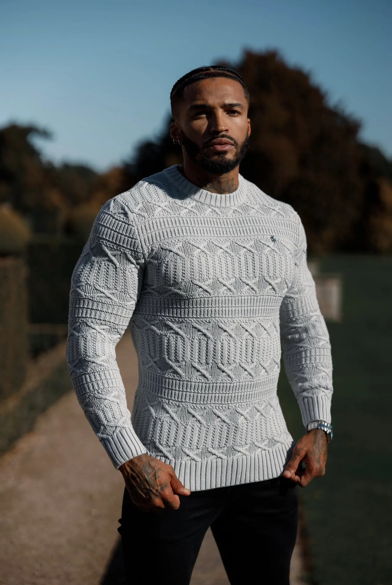 Father Sons Greyl Knitted Cable Link Crew Super Slim Sweater With Metal Decal - FSN072 sold by Father Sons