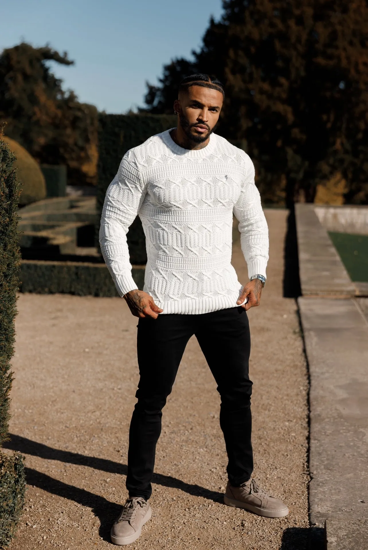 Father Sons Off White Knitted Cable Link Crew Super Slim Sweater With Metal Decal - FSN070 sold by Father Sons product image thumbnail 3