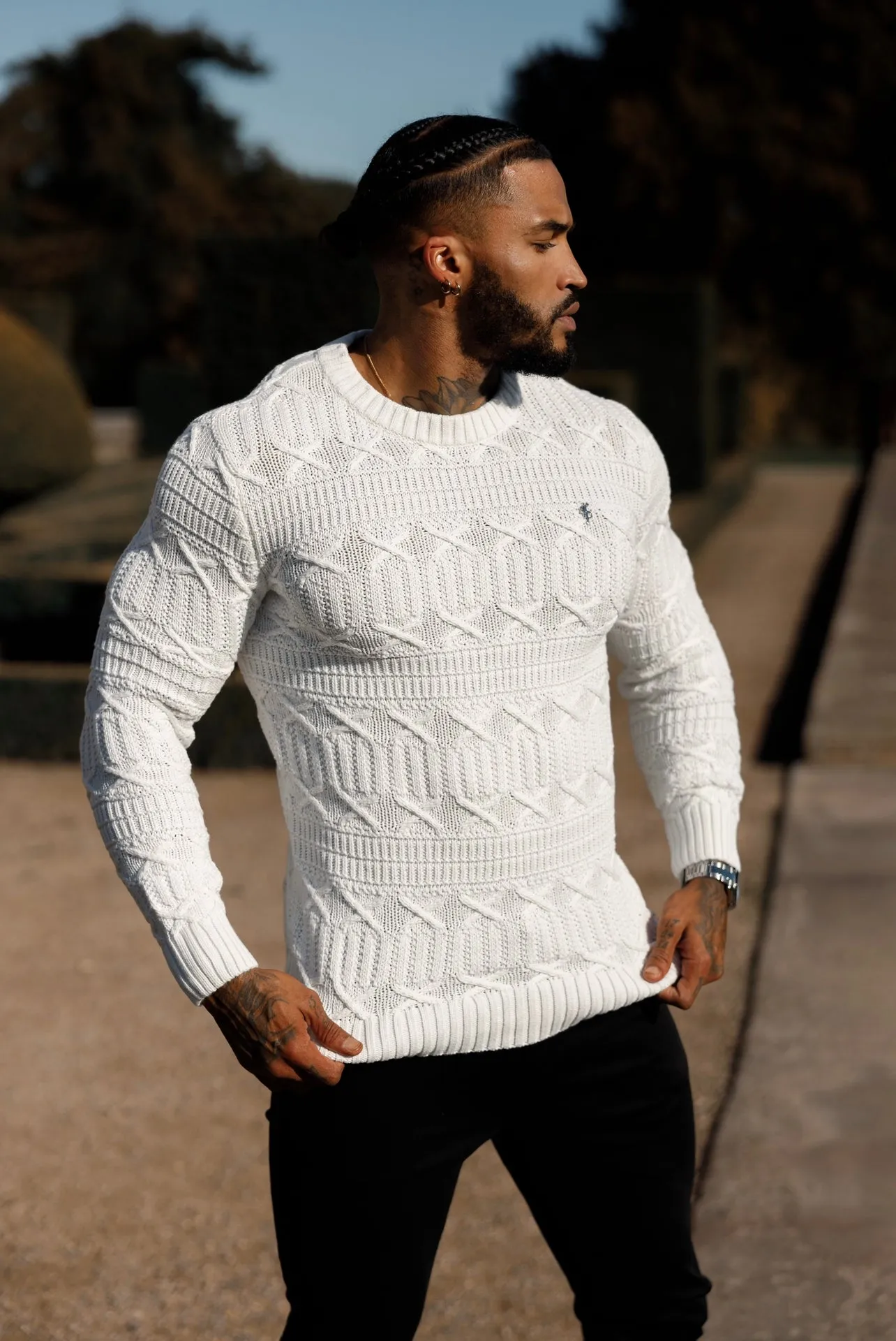 Father Sons Off White Knitted Cable Link Crew Super Slim Sweater With Metal Decal - FSN070 sold by Father Sons product image thumbnail 2