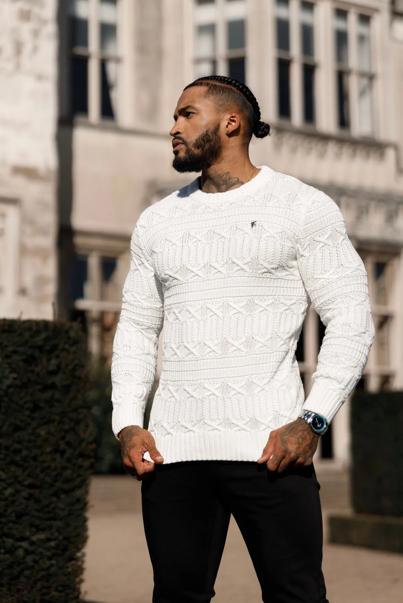 Father Sons Off White Knitted Cable Link Crew Super Slim Sweater With Metal Decal - FSN070 sold by Father Sons product image thumbnail 5
