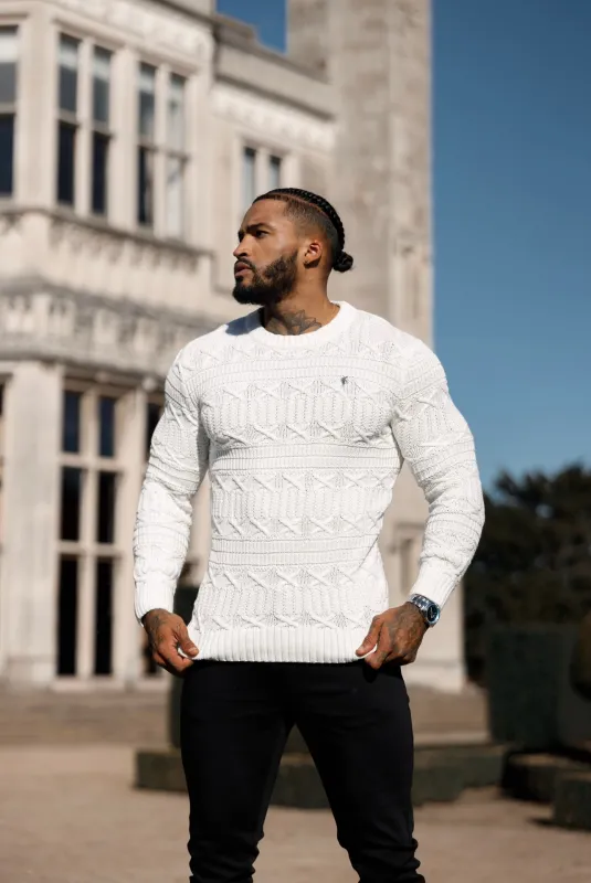 Father Sons Off White Knitted Cable Link Crew Super Slim Sweater With Metal Decal - FSN070 sold by Father Sons