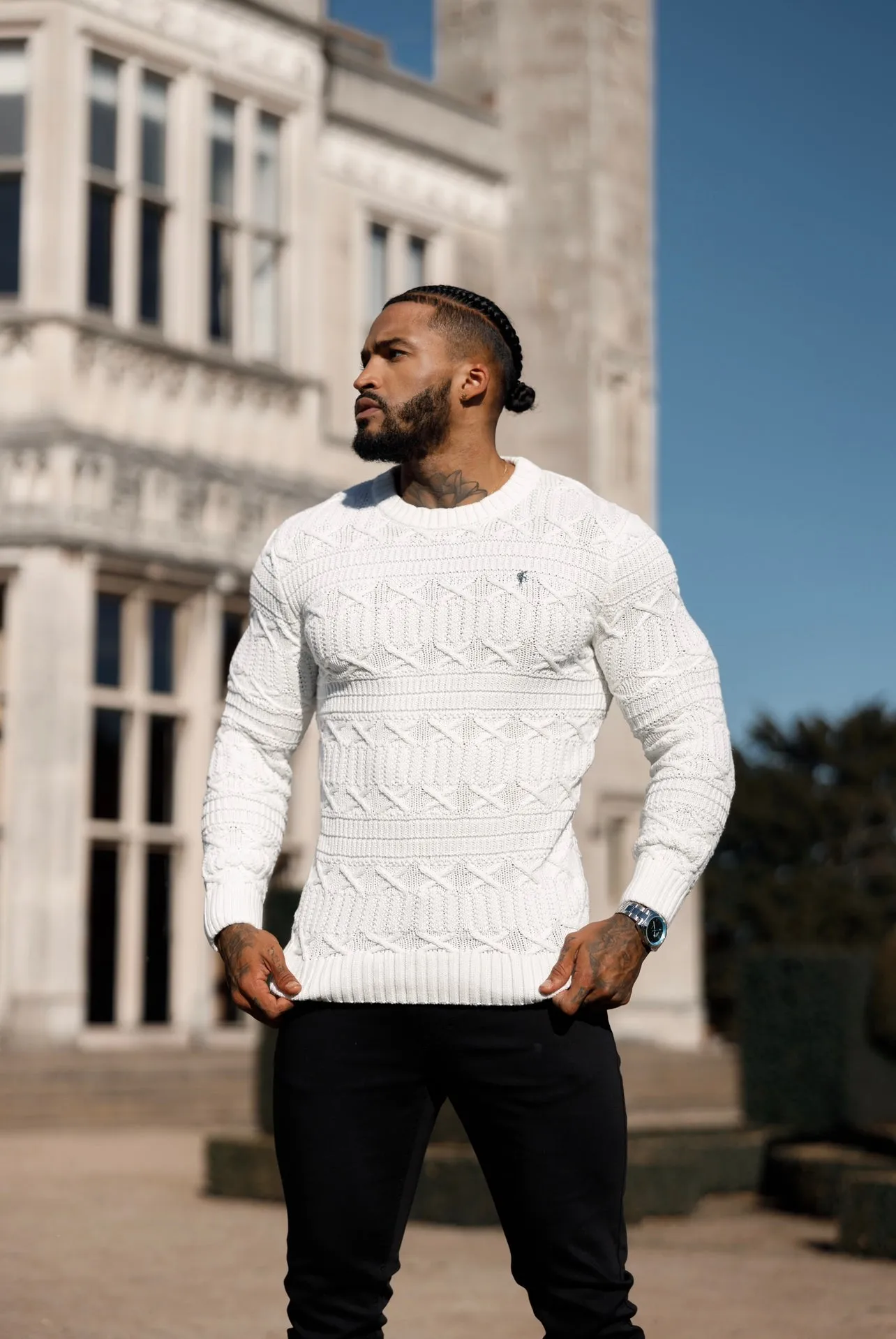 Father Sons Off White Knitted Cable Link Crew Super Slim Sweater With Metal Decal - FSN070 sold by Father Sons