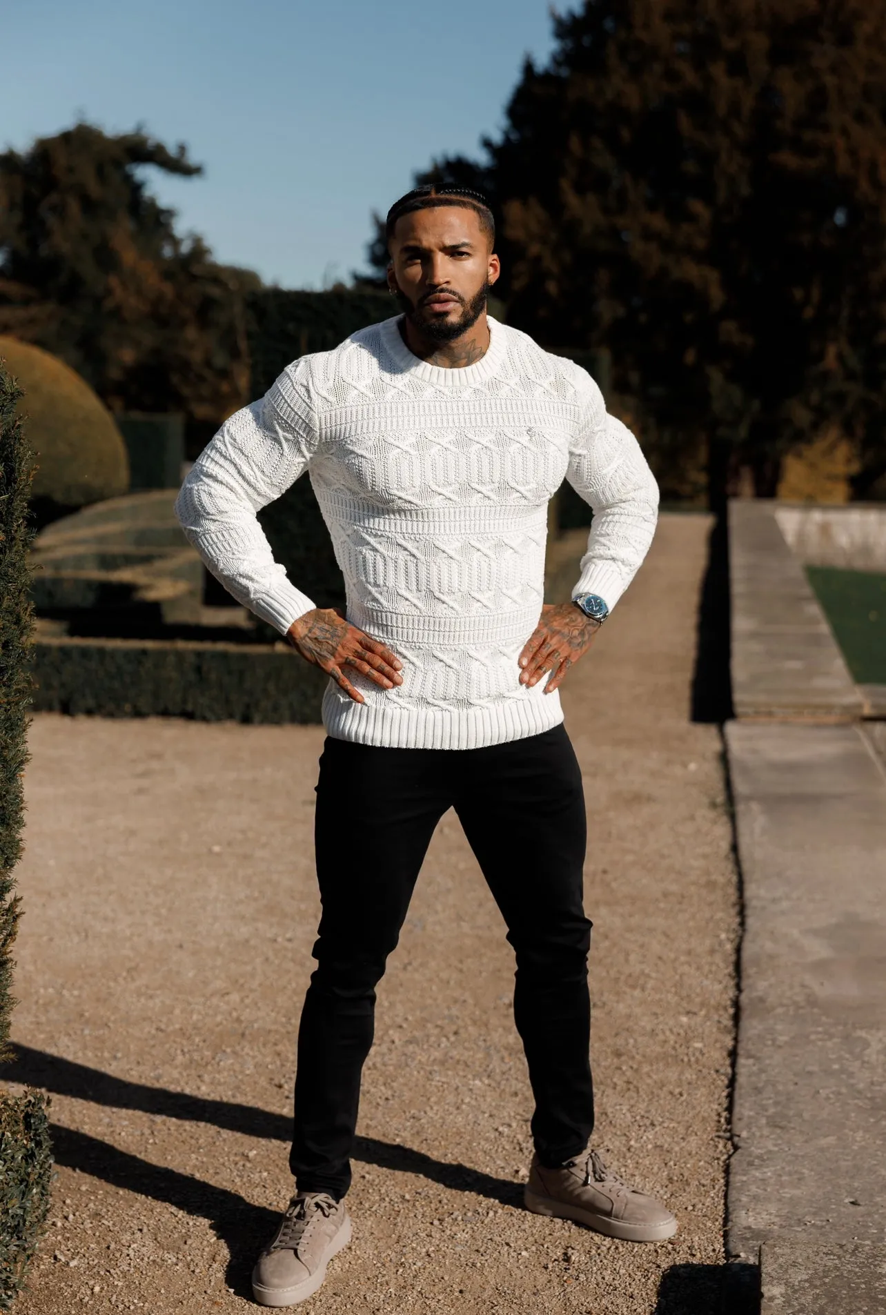 Father Sons Off White Knitted Cable Link Crew Super Slim Sweater With Metal Decal - FSN070 sold by Father Sons product image thumbnail 4