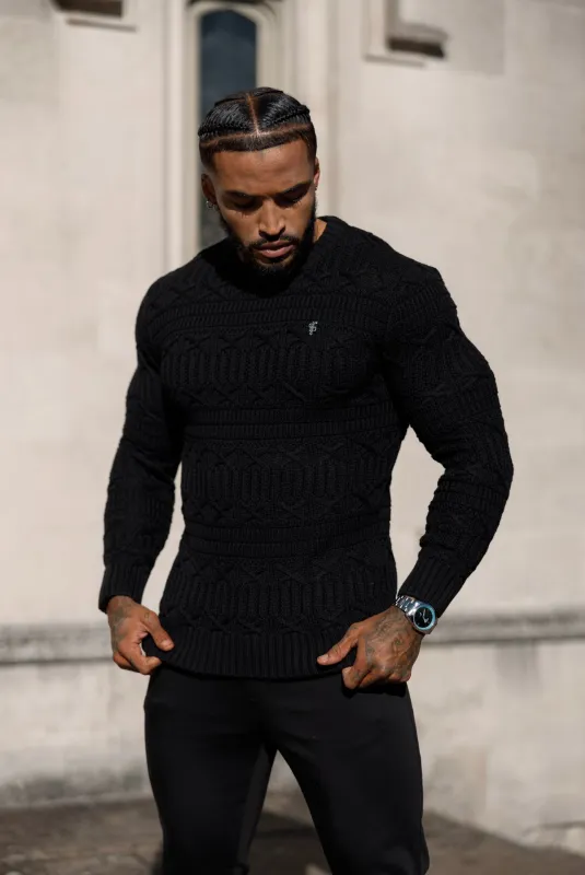 Father Sons Black Knitted Cable Link Crew Super Slim Sweater With Metal Decal - FSN068 sold by Father Sons