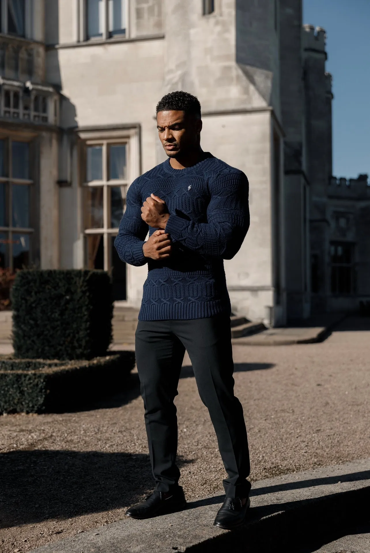 Father Sons Navy Knitted Cable Link Crew Super Slim Sweater With Metal Decal - FSN069 sold by Father Sons product image thumbnail 5