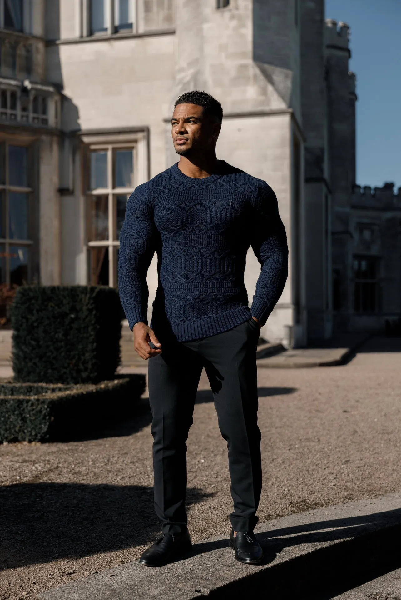 Father Sons Navy Knitted Cable Link Crew Super Slim Sweater With Metal Decal - FSN069 sold by Father Sons product image thumbnail 4