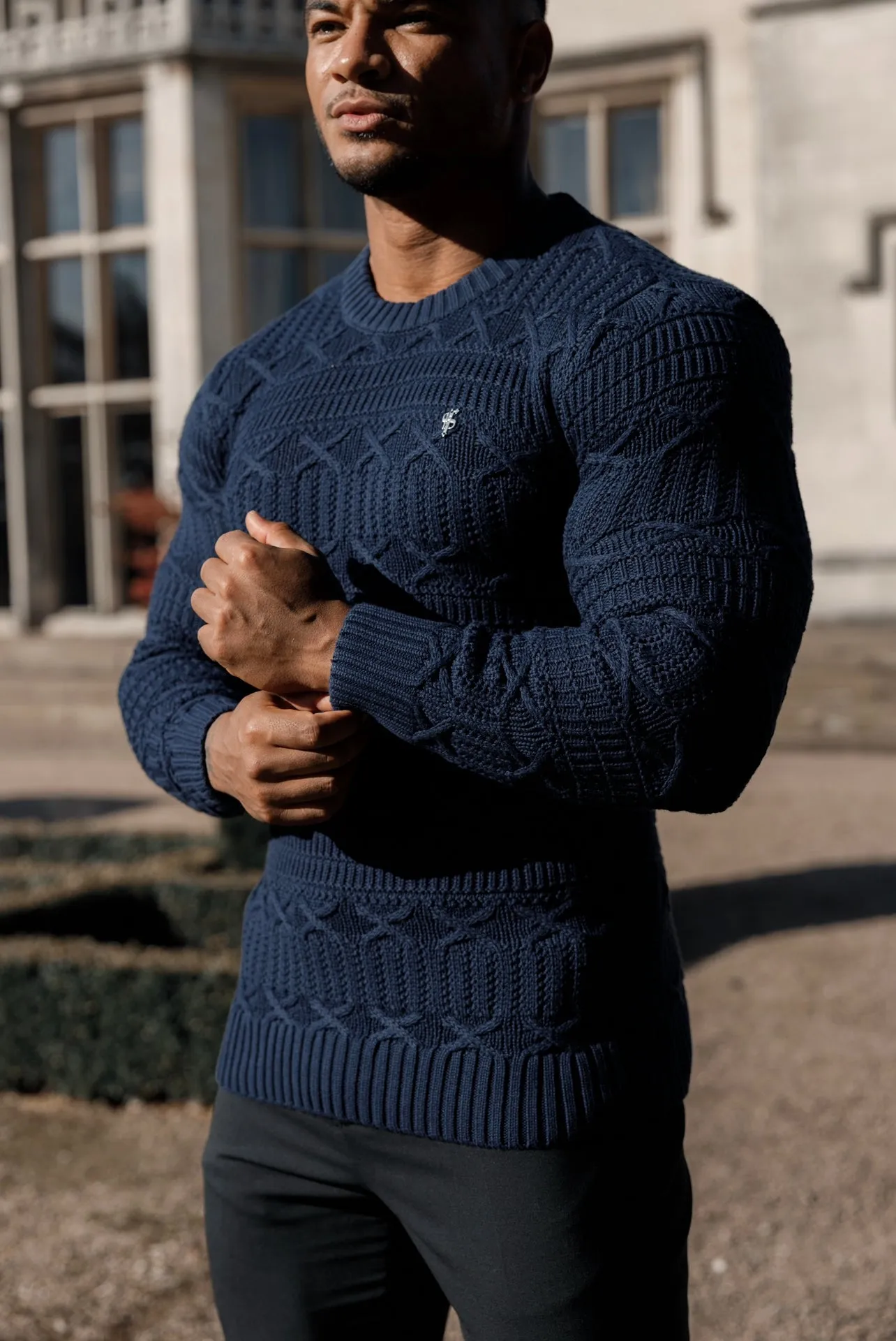 Father Sons Navy Knitted Cable Link Crew Super Slim Sweater With Metal Decal - FSN069 sold by Father Sons product image thumbnail 2