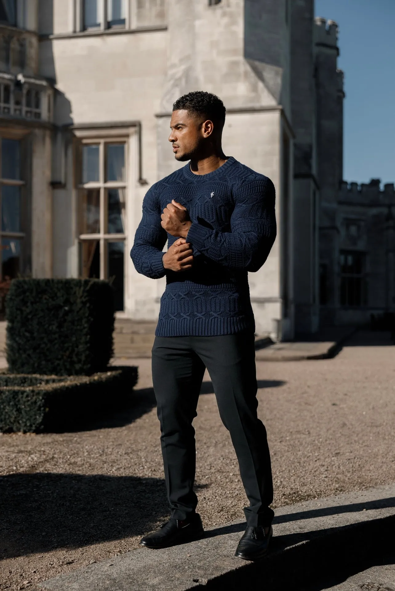 Father Sons Navy Knitted Cable Link Crew Super Slim Sweater With Metal Decal - FSN069 sold by Father Sons product image thumbnail 3