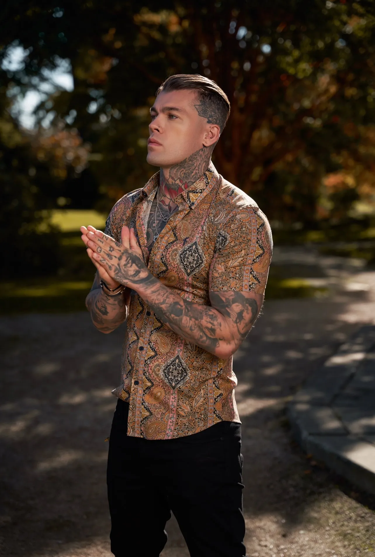 Father Sons Super Slim Stretch Tan Paisley Print Short Sleeve with Button Down Collar - FS891 sold by Father Sons