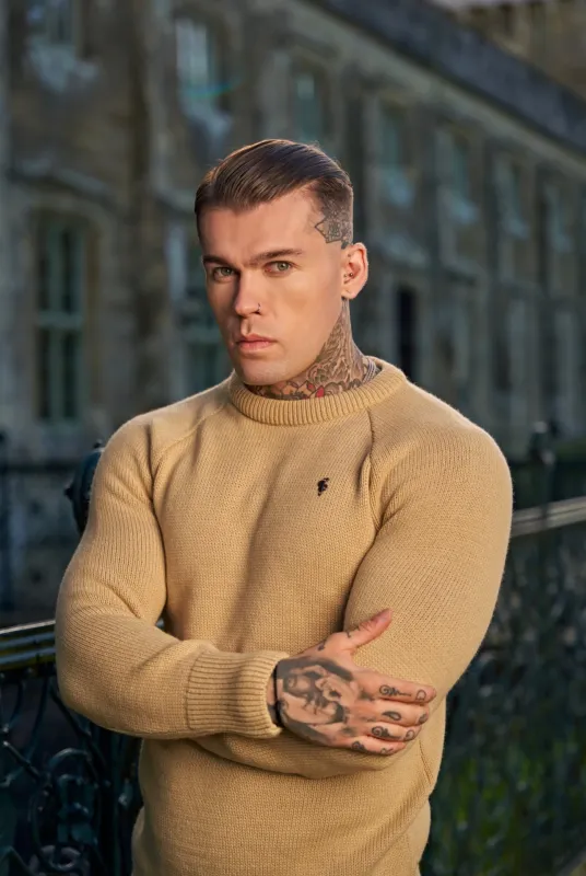 Father Sons Oatmeal Knitted Raglan Crew Super Slim Sweater With Metal Decal - FSJ053 sold by Father Sons