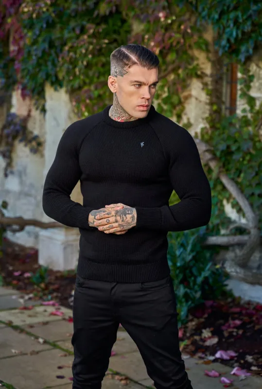 Father Sons Black Knitted Raglan Crew Super Slim Sweater With Metal Decal - FSJ050 sold by Father Sons