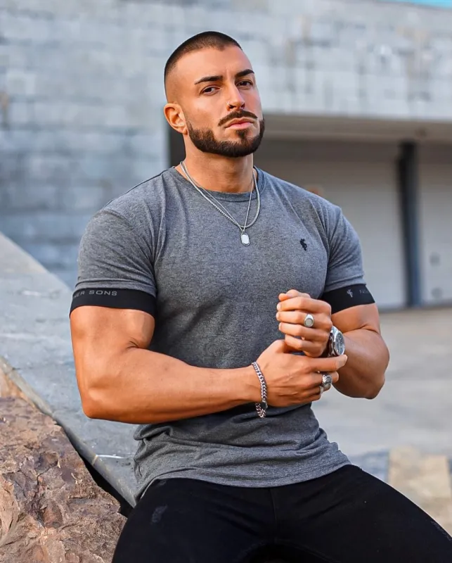 Father Sons Classic Dark Grey Crew T Shirt with FS Elastic Sleeve Branding - FSH637 sold by Father Sons