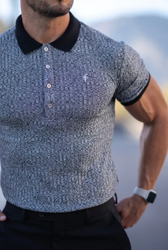 Classic Grey / Black Ribbed Polo Shirt Short Sleeve with Metal Emblem - FSH552 sold by Father Sons