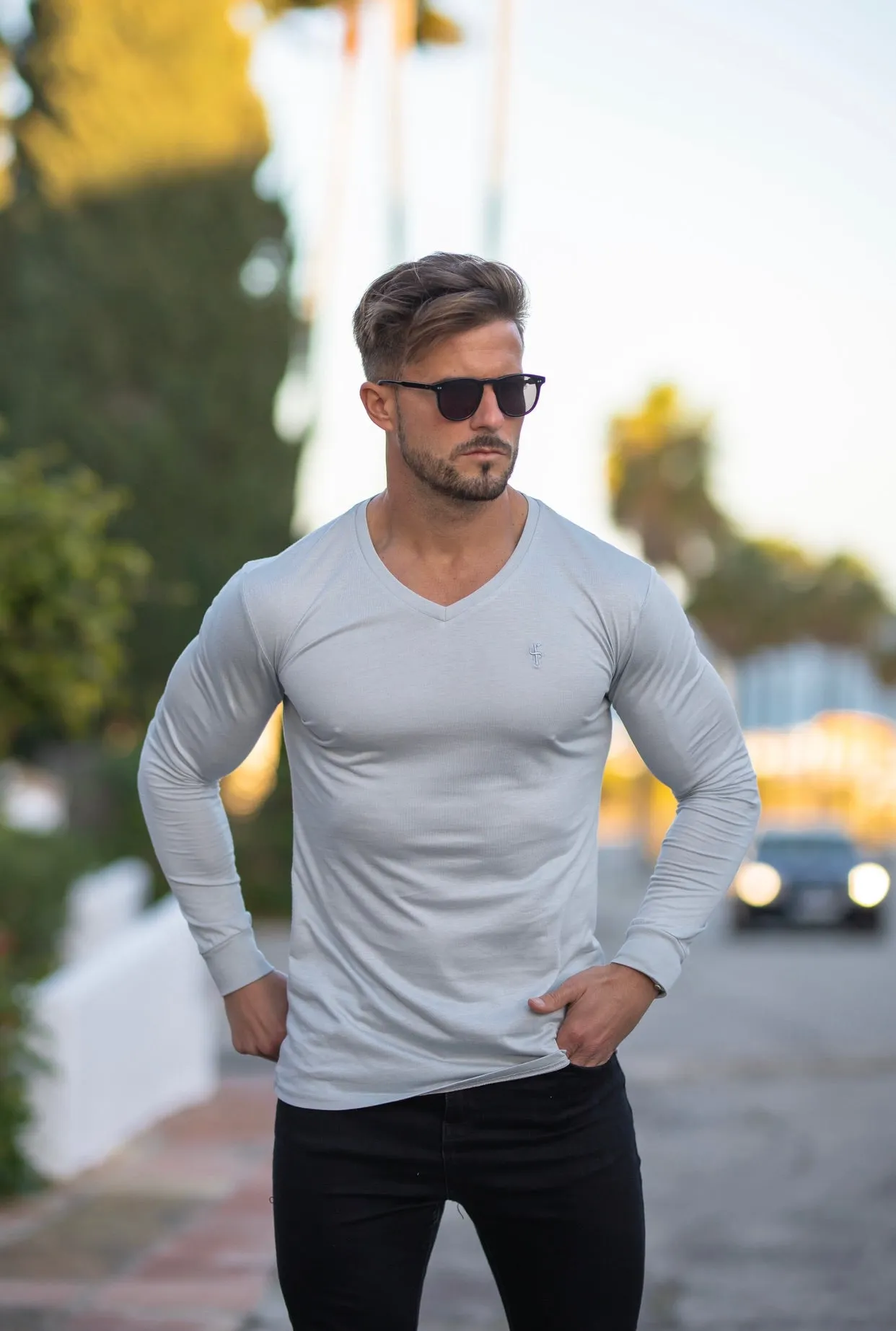 Father Sons Light Grey Bamboo V Neck Crew Long Sleeve - FSH588 sold by Father Sons