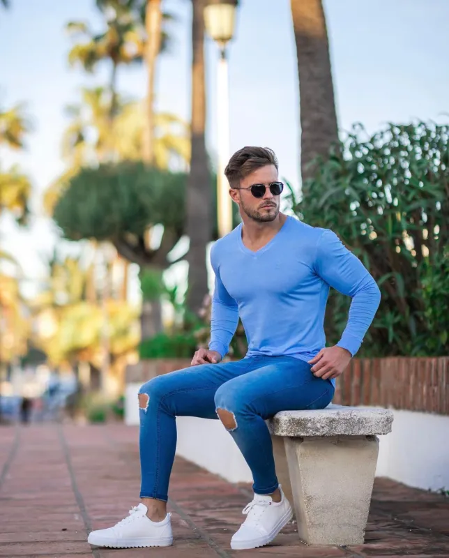 Father Sons Light Blue Bamboo V Neck Crew Long Sleeve - FSH587 sold by Father Sons