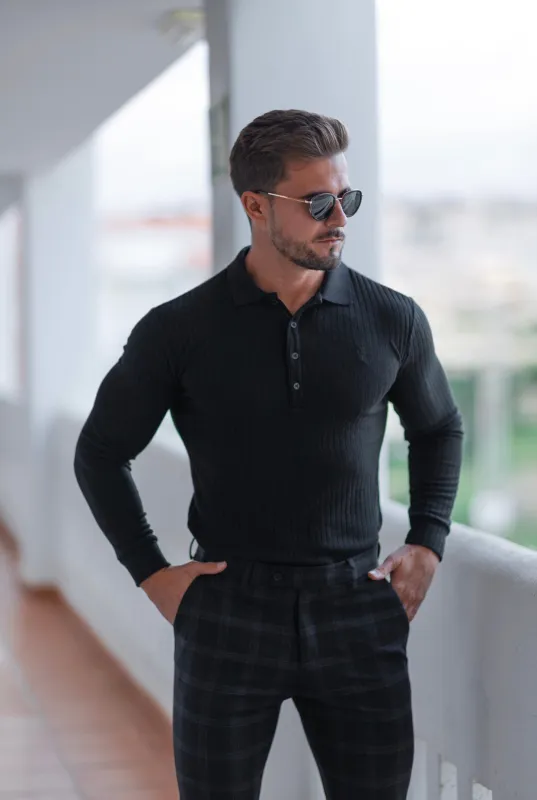 Father Sons Classic Black Ribbed Polo Shirt Long Sleeve - FSH582 sold by Father Sons