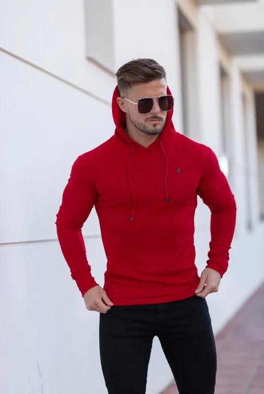 Father Sons Classic Red Ribbed Knit Hoodie Jumper With Black Emblem - FSH620 sold by Father Sons
