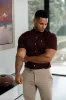 Father Sons Super Slim Stretch Burgundy Denim Short Sleeve Grandad collar with Metal Buttons and Decal Emblem - FS722 sold by Father Sons