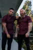 Father Sons Super Slim Stretch Burgundy Denim Short Sleeve Grandad collar with Metal Buttons and Decal Emblem - FS722 sold by Father Sons