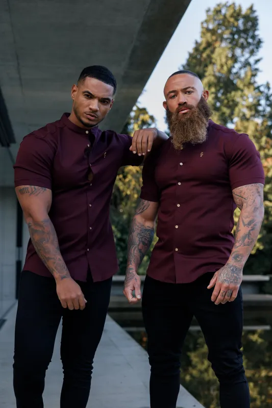 Father Sons Super Slim Stretch Burgundy Denim Short Sleeve Grandad collar with Metal Buttons and Decal Emblem - FS722 sold by Father Sons