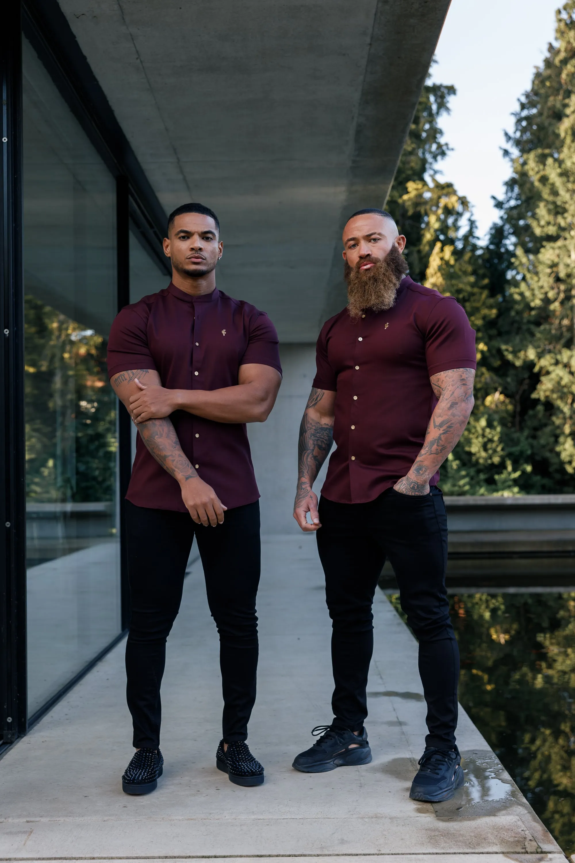 Father Sons Super Slim Stretch Burgundy Denim Short Sleeve Grandad collar with Metal Buttons and Decal Emblem - FS722 sold by Father Sons product image thumbnail 4