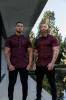 Father Sons Super Slim Stretch Burgundy Denim Short Sleeve Grandad collar with Metal Buttons and Decal Emblem - FS722 sold by Father Sons