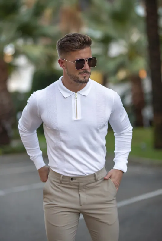 Father Sons Classic White and Gold Zip Knitted Long Sleeve Polo Shirt - FSH565 sold by Father Sons