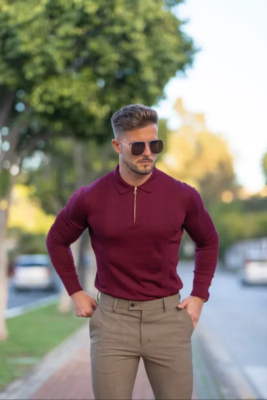 Father Sons Classic Burgundy and Gold Zip Knitted Long Sleeve Polo Shirt - FSH566 sold by Father Sons