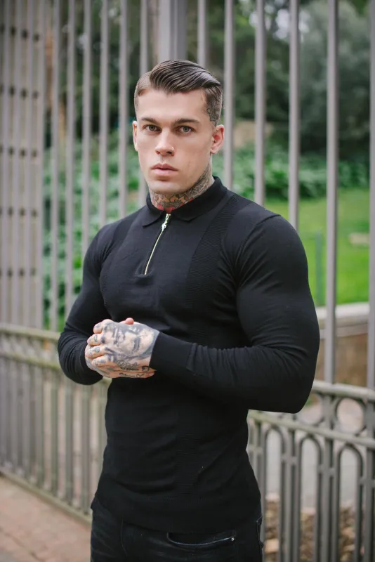 Father Sons Classic Black and Gold Zip Knitted Long Sleeve Polo Shirt - FSH564 sold by Father Sons