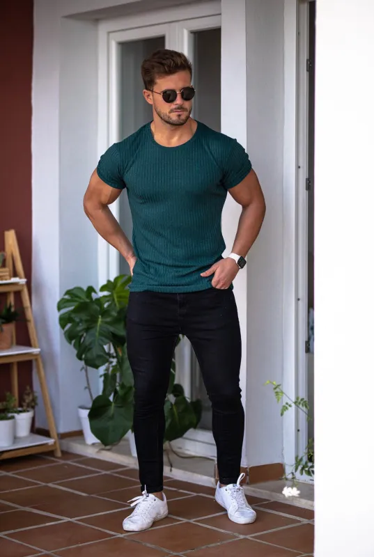 Father Sons Classic Forest Green Ribbed Knit Super Slim Short Sleeve Crew - FSH612 sold by Father Sons