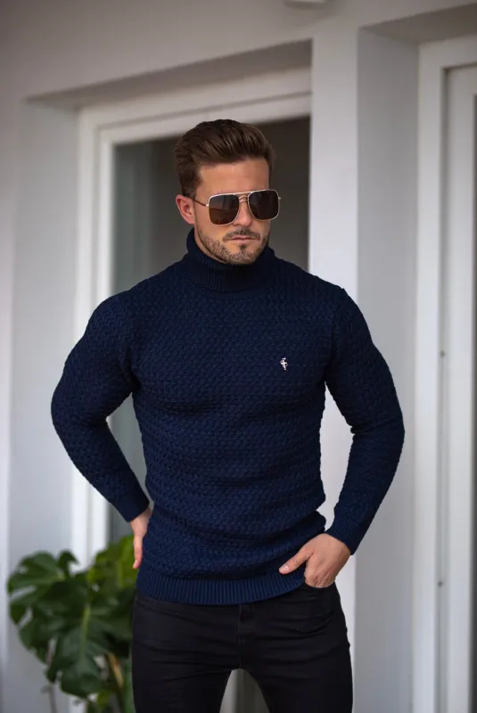 Father Sons Navy Knitted Roll Neck Weave Super Slim Sweater With Metal Decal - FSJ025 sold by Father Sons