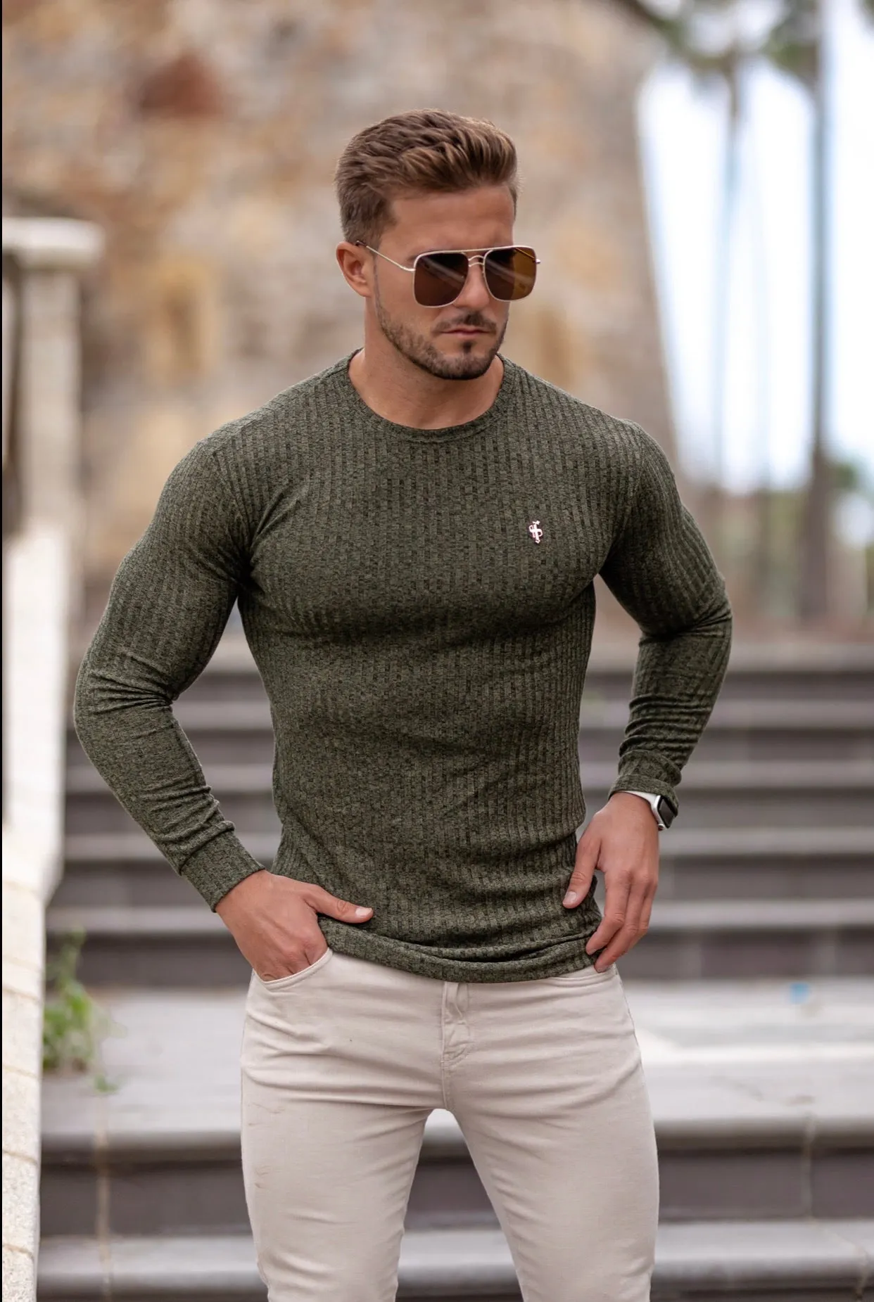Father Sons Classic Khaki Ribbed Knit Sweater With Gold Emblem - FSH536 sold by Father Sons product image thumbnail 4