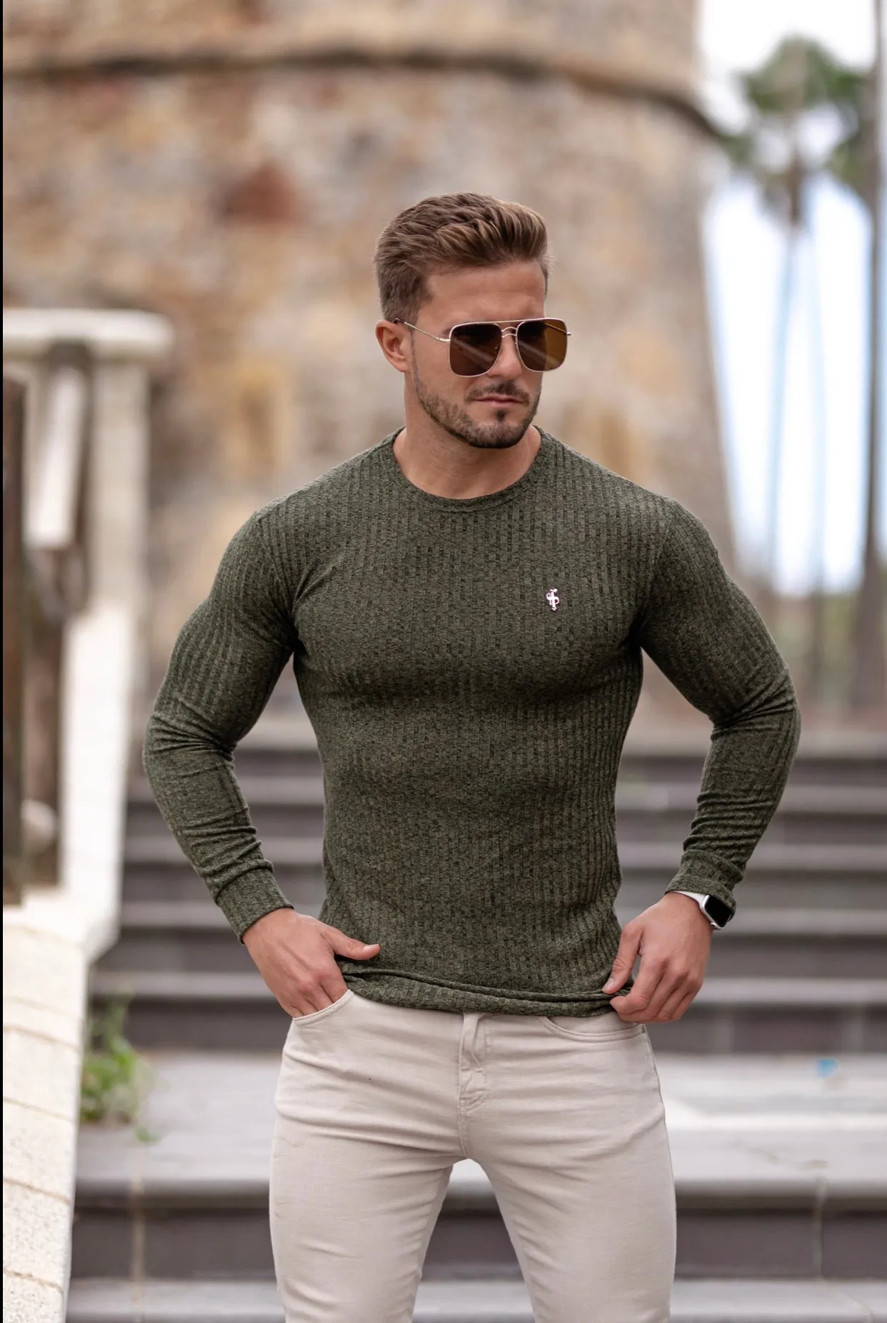 Father Sons Classic Khaki Ribbed Knit Sweater With Gold Emblem - FSH536 sold by Father Sons product image thumbnail 3