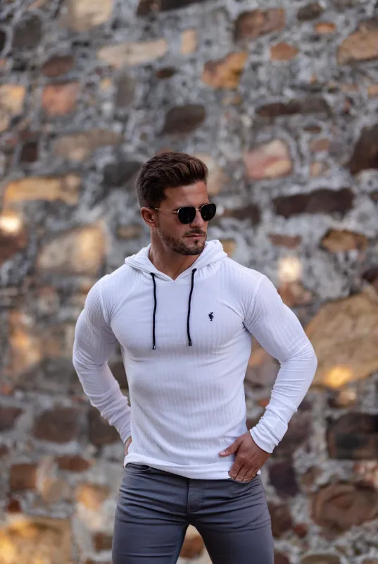 Father Sons Classic White Ribbed Knit Hoodie Jumper With Black Decal - FSH540 sold by Father Sons