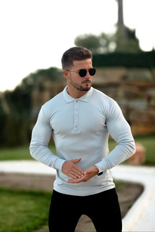 Classic Light Grey Pima Polo Shirt with Metal Buttons and Emblem Long Sleeve  - FSH528 sold by Father Sons