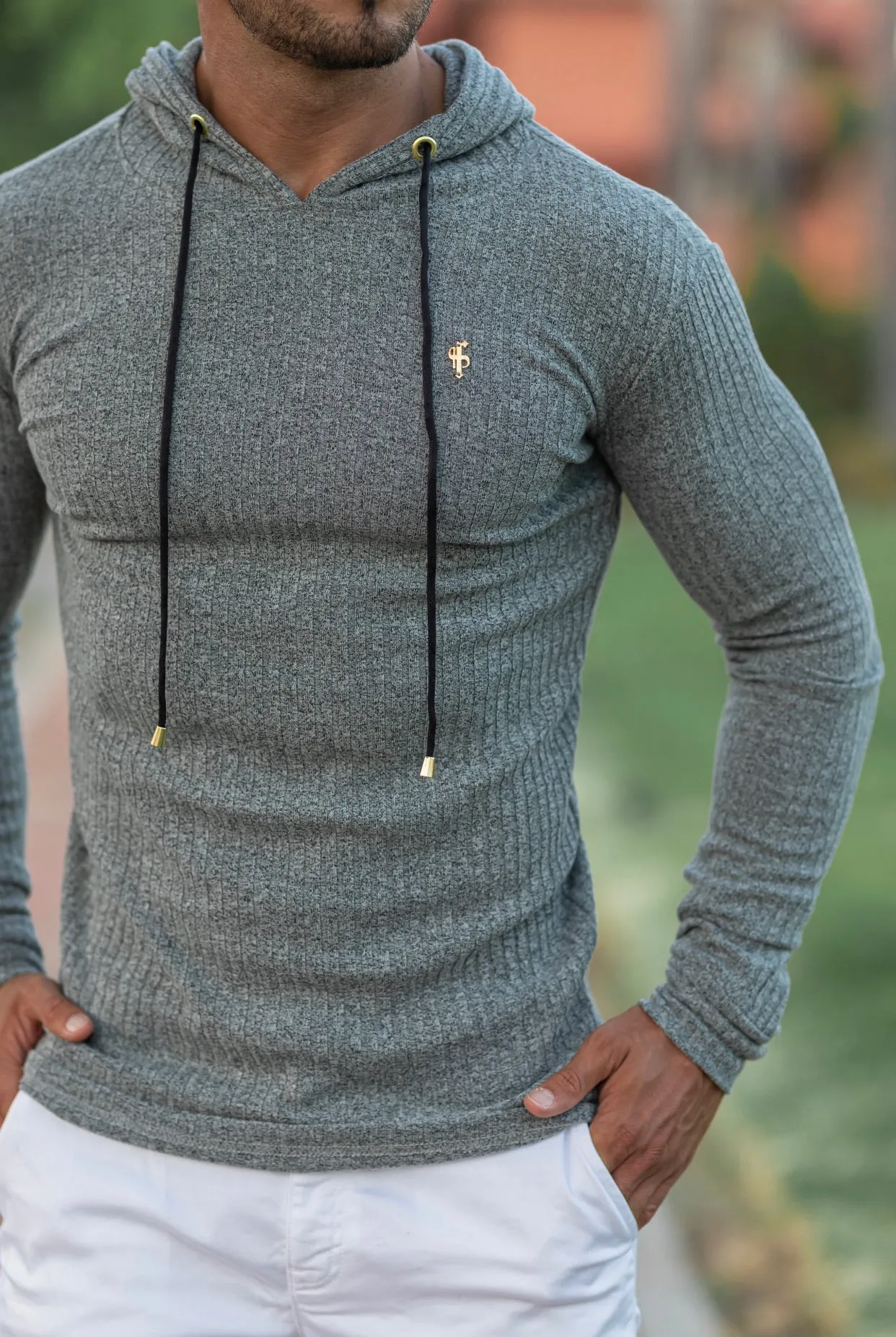 Father Sons Classic Pale Sage Green / Gold Ribbed Knit Hoodie Jumper - FSH510 sold by Father Sons product image thumbnail 4