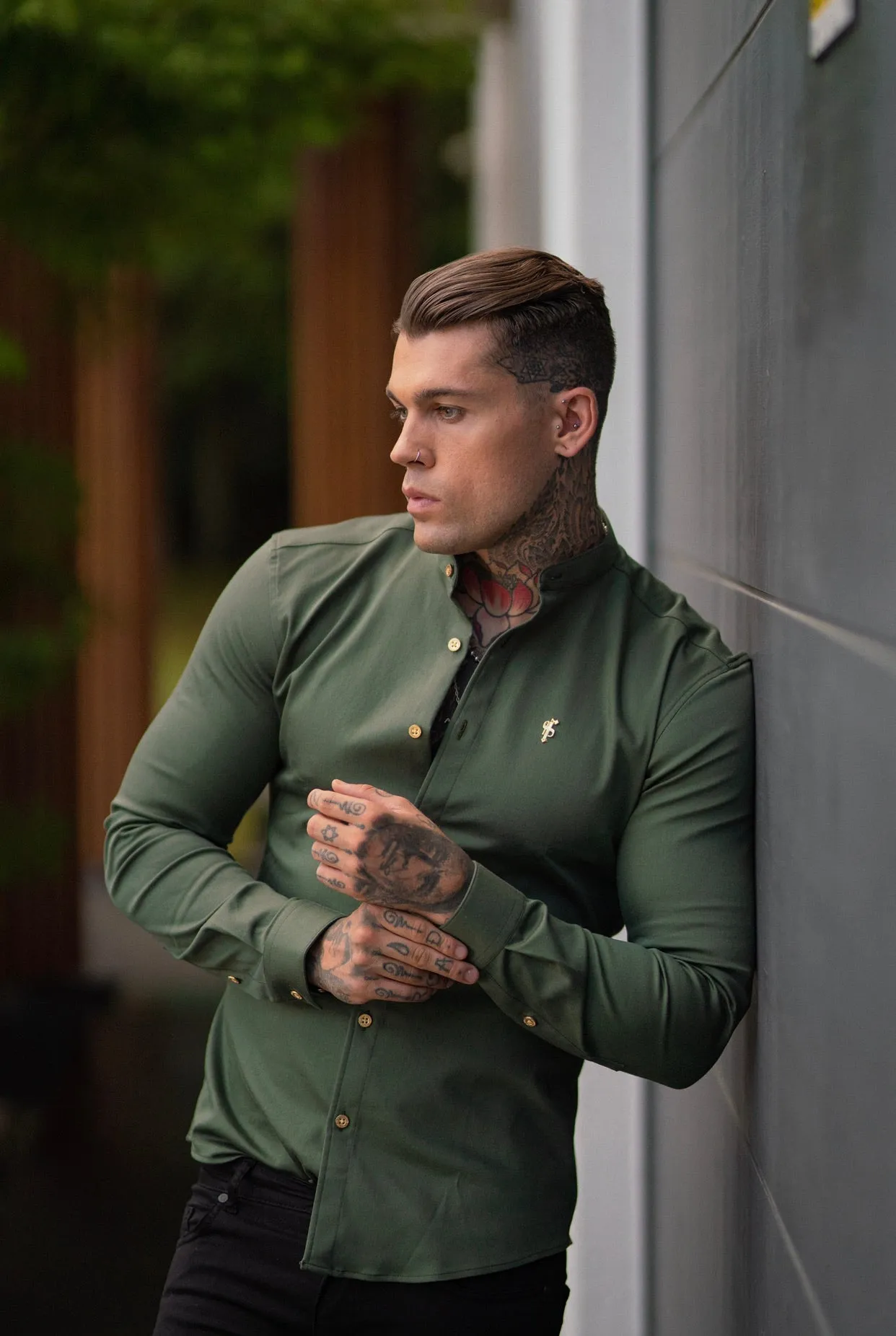 Father Sons Super Slim Stretch Khaki Denim Long Sleeve Grandad collar with Metal Buttons and Decal Emblem - FS715 sold by Father Sons