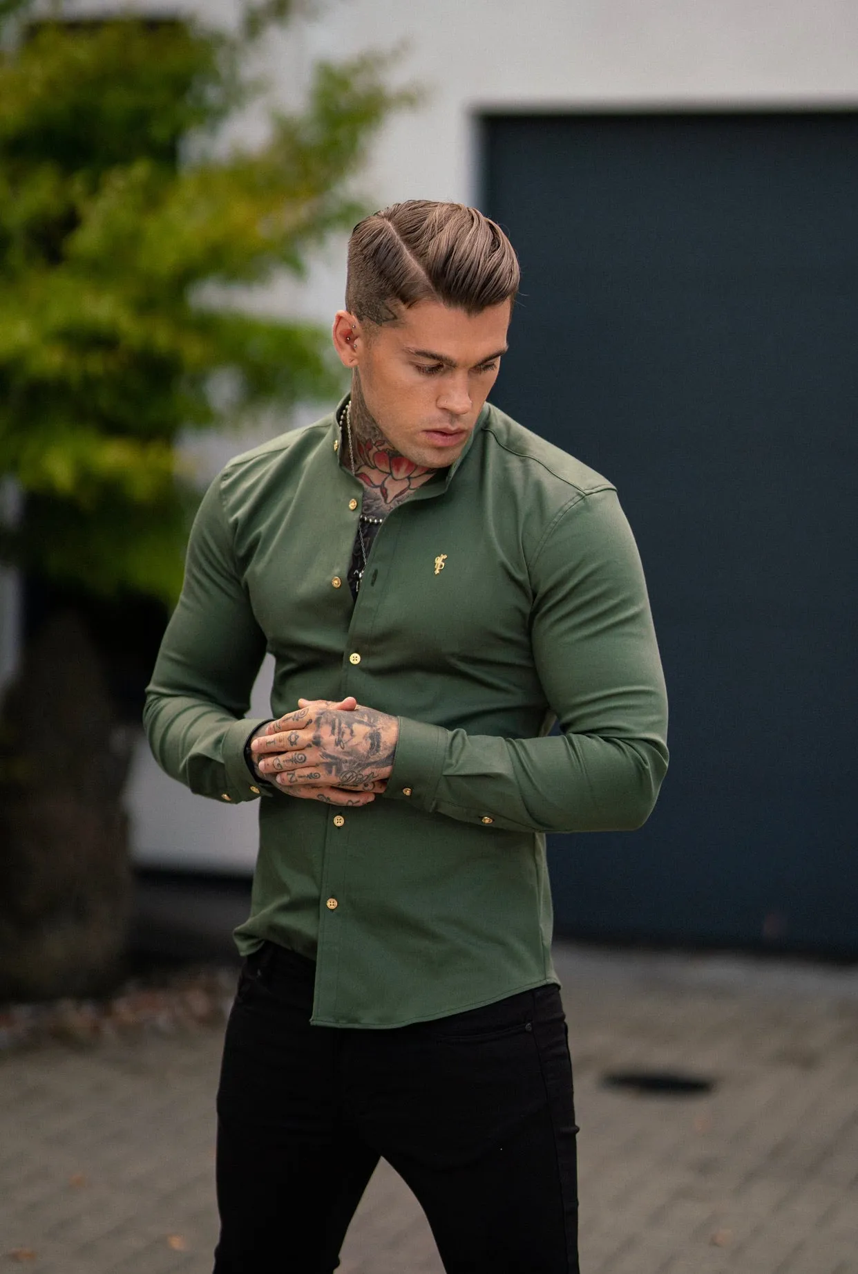 Father Sons Super Slim Stretch Khaki Denim Long Sleeve Grandad collar with Metal Buttons and Decal Emblem - FS715 sold by Father Sons product image thumbnail 5