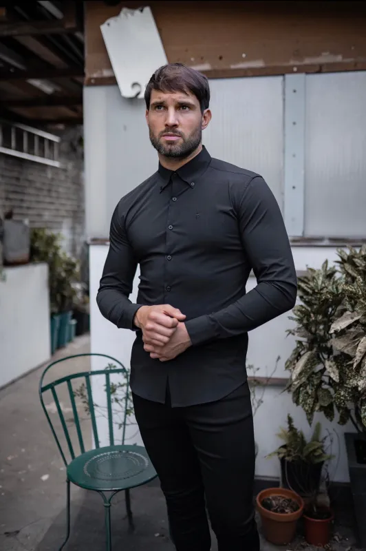 Father Sons Black Regular Stretch Shirt with Button Down Collar and Black Embroidery - FS590(LAST CHANCE) sold by Father Sons