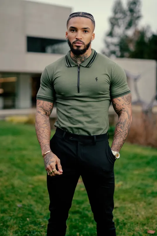 Khaki and Black Collar Contrast Zip Polo - FSH337 sold by Father Sons