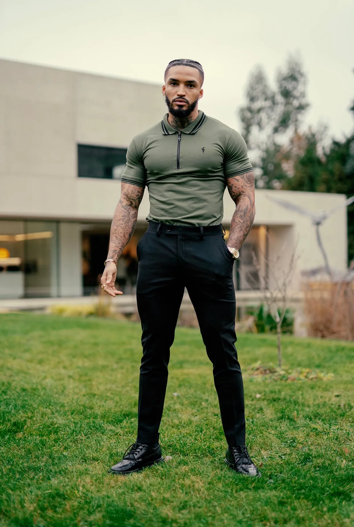 Khaki and Black Collar Contrast Zip Polo - FSH337 sold by Father Sons product image thumbnail 2