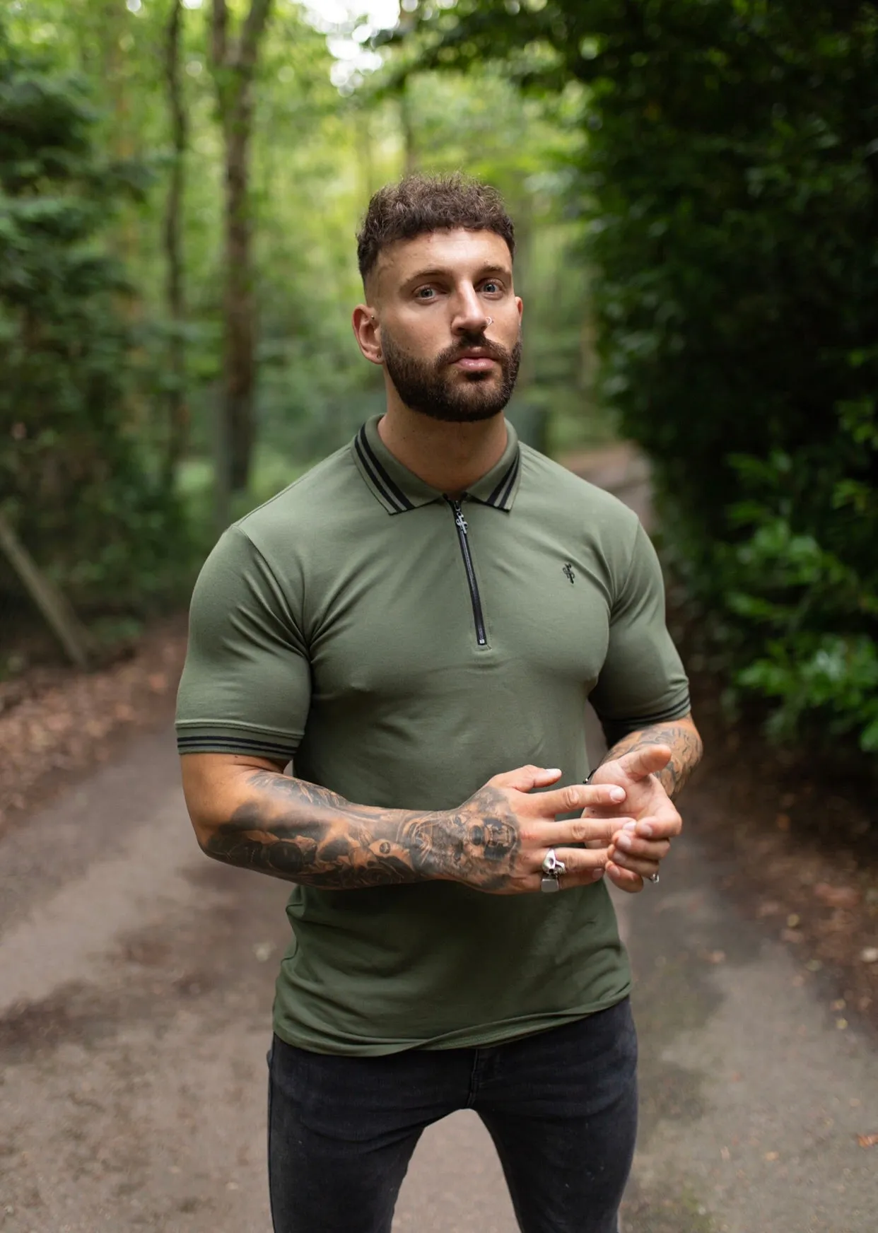 Khaki and Black Collar Contrast Zip Polo - FSH337 sold by Father Sons product image thumbnail 5