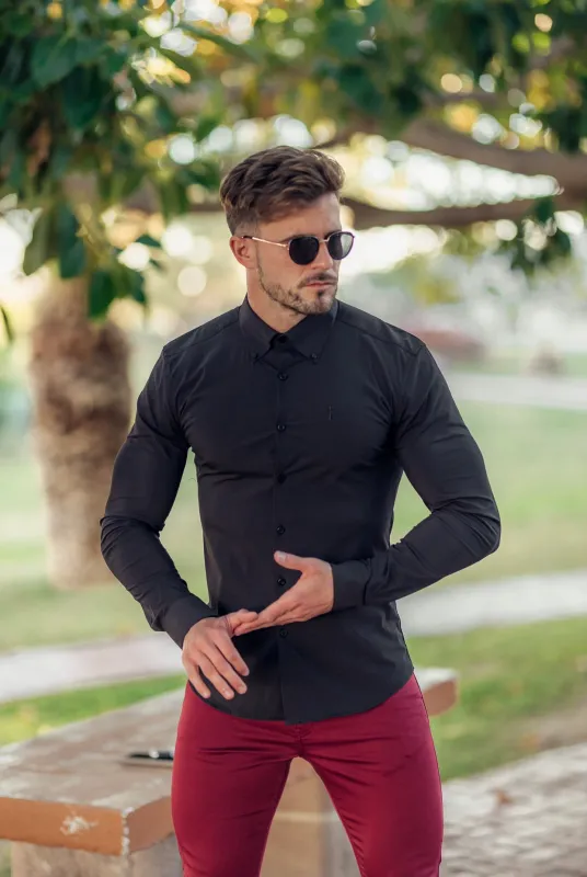 Father Sons Classic Black Stretch Shirt with Button Down Collar and Black Embroidery - FS563 sold by Father Sons