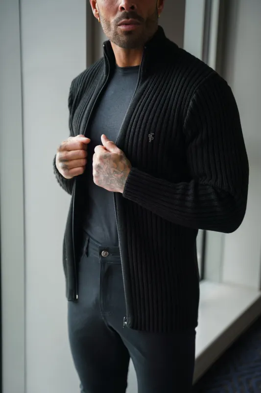 Father Sons Chunky Black Ribbed  Zipped Cardigan - FSJ068 sold by Father Sons